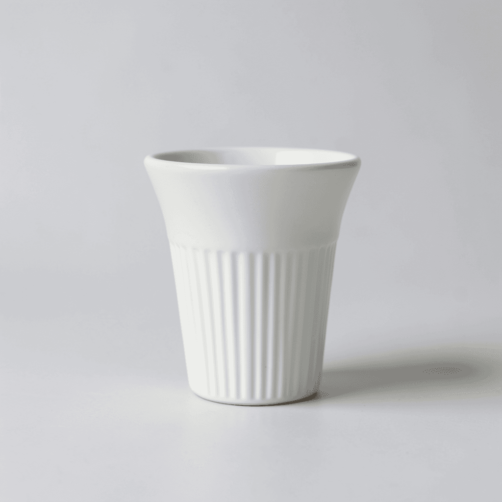 Ribbed ceramic cup on a wooden kitchen shelf · Before