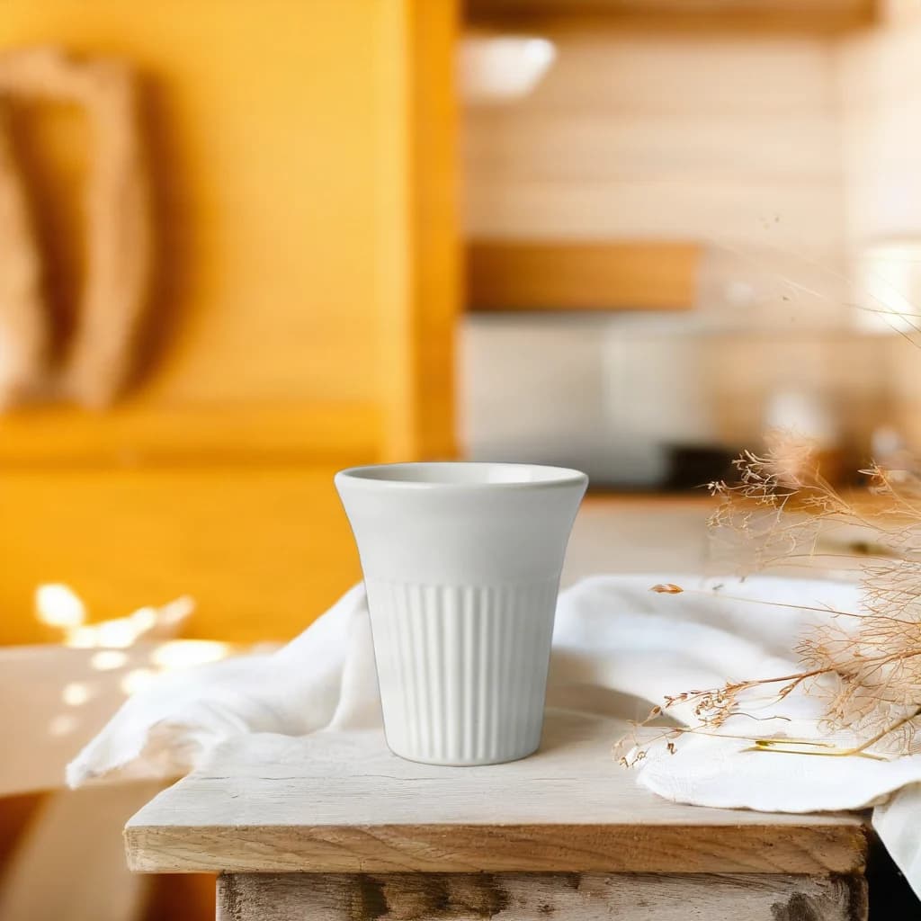 Ribbed ceramic cup on a wooden kitchen shelf · After