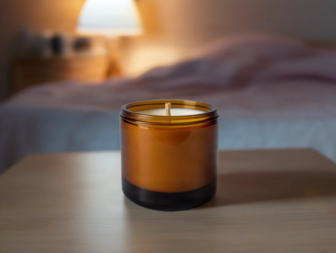 Candle kept in place on a bedside table · After