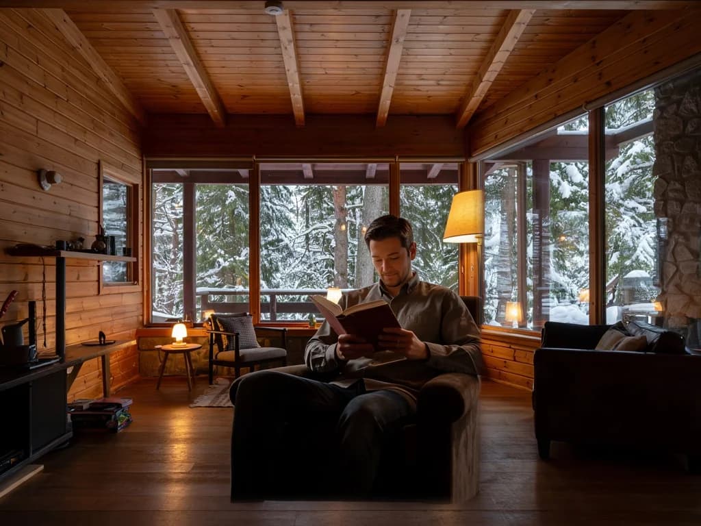 The photographed man reads in the cabin