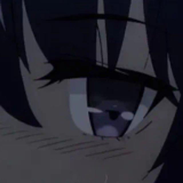 Anime character's violet eye framed by dark hair and fine facial lines · Interpolation display