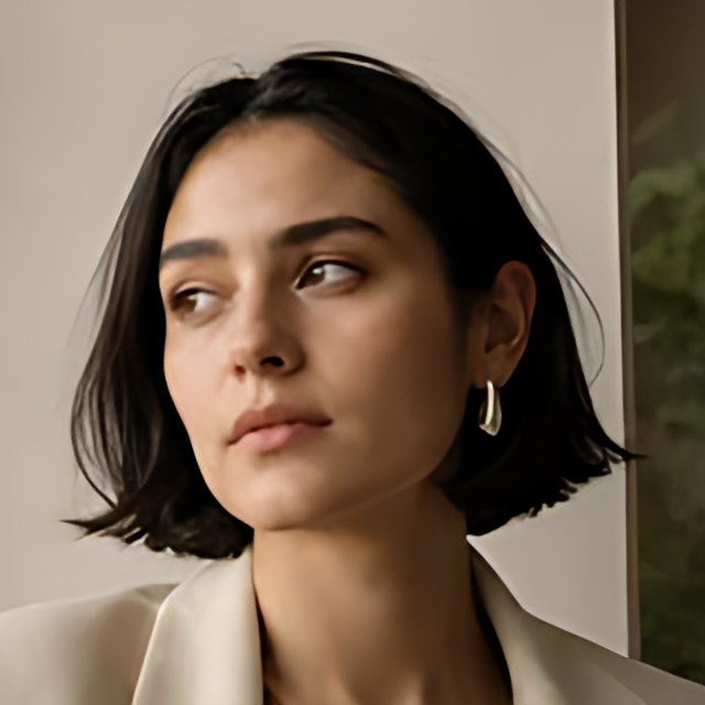 Woman by a window, cropped to her dark hair, face and earring · AI · 4x