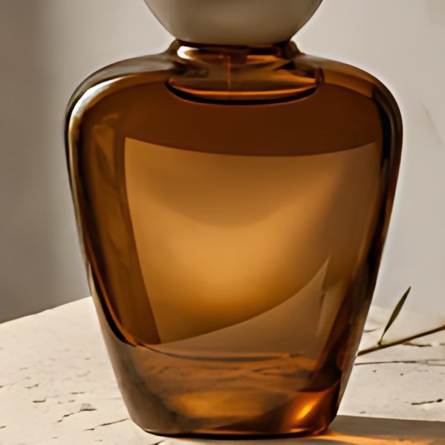 Amber perfume bottle with a curved glass edge on a textured stone surface · AI · 4x