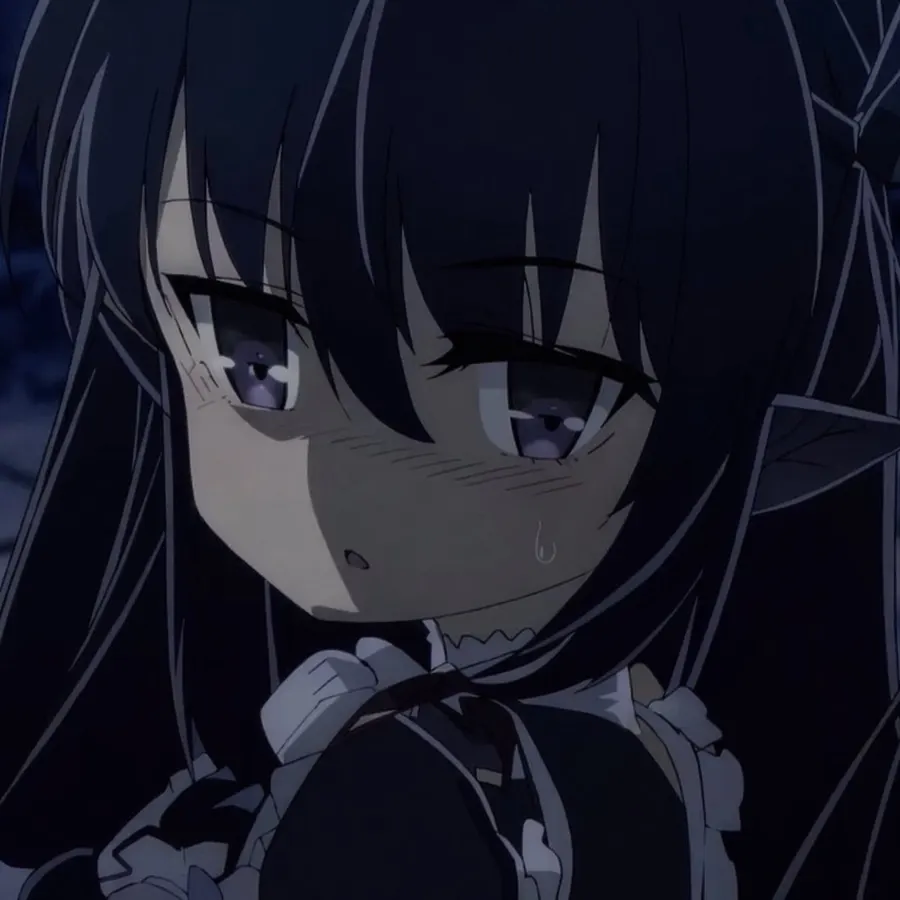 Anime close-up of a girl with long black hair and pointed ears