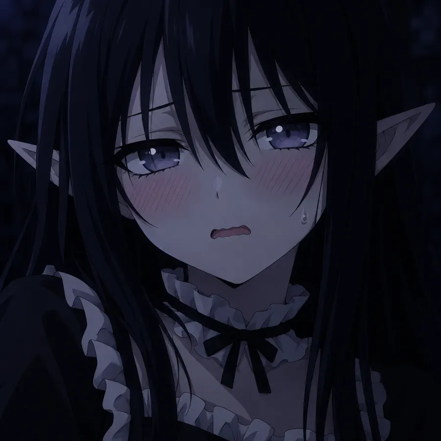Anime close-up of a girl with long black hair and pointed ears (generated from the prompt)