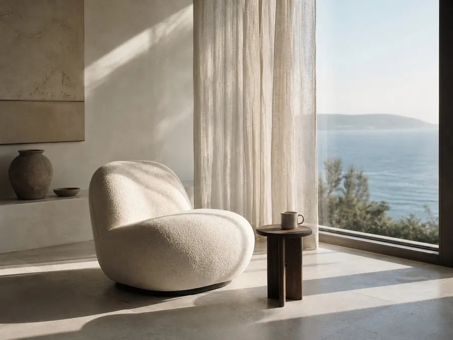 Minimalist coastal living room with a bouclé chair