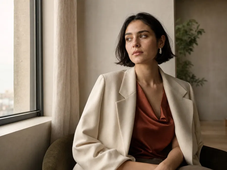 Woman in a cream blazer seated by a window