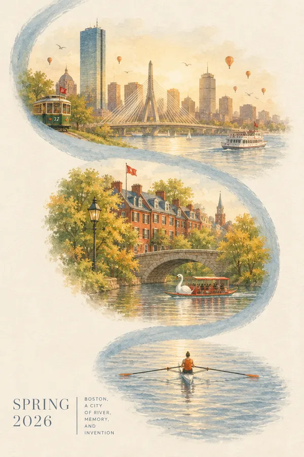 Illustrated Boston poster with a winding river ribbon (generated from the prompt)