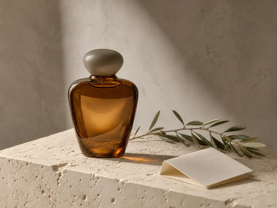 Amber perfume bottle on a limestone block with an olive branch