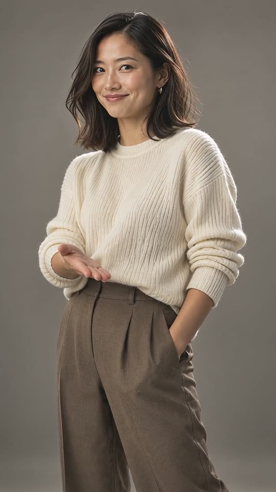 Woman in a cream sweater and brown trousers smiling with a raised palm in a gray studio