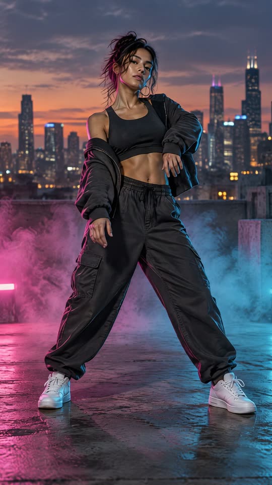 Woman in a black crop top, cargo trousers and white sneakers posing on a neon-lit city rooftop at dusk